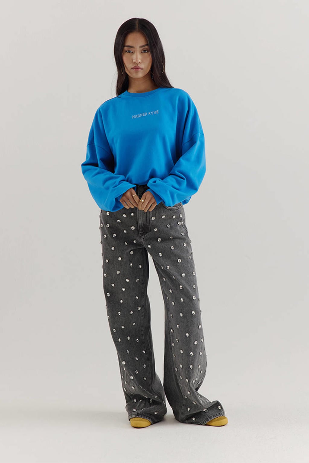 Blauwe dames HARPER & YVE sweater van katoen met tekst print, lange mouwen, ronde hals en glitters