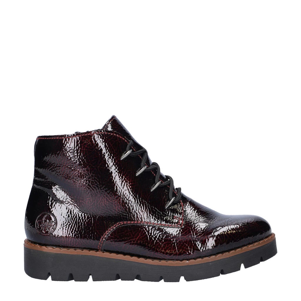 Donkerrode dames Rieker gevoerde lakleren veterboots met rits- en vetersluiting