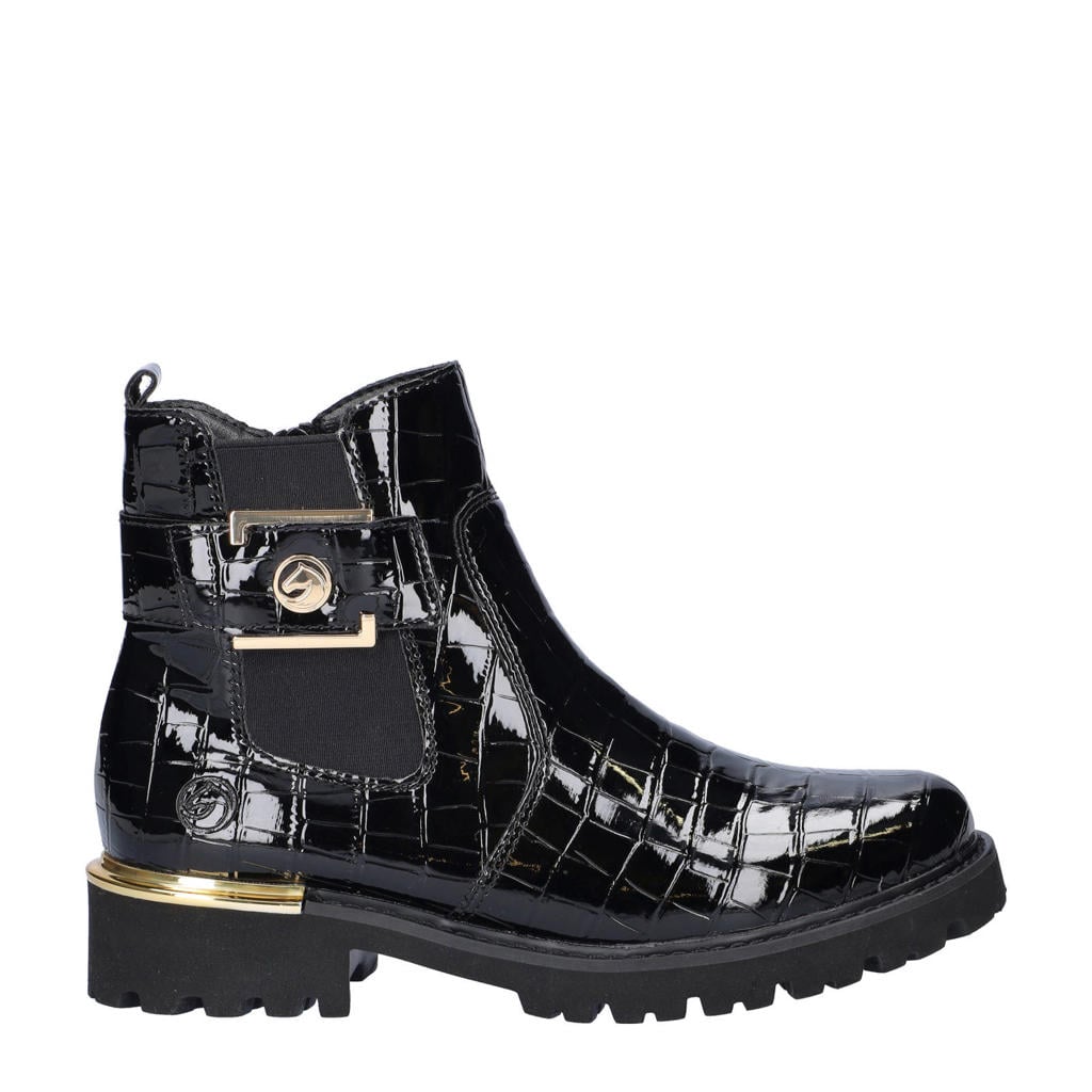 Zwarte dames Remonte lakleren enkelboots met ritssluiting
