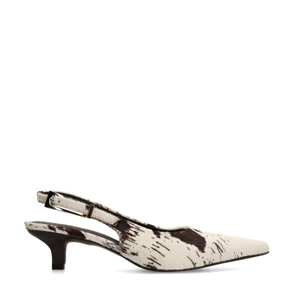 Ecru en bruine dames Sacha slingback loafers van leer met gesp en koeienprint