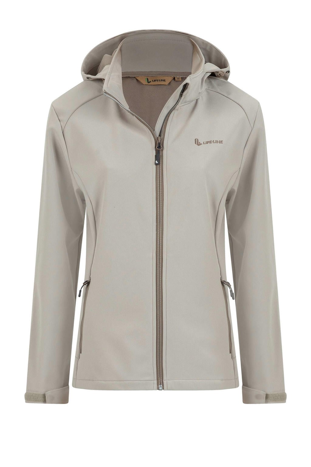 Beige dames Life-Line softshell jas Moraine met effen, lange mouwen, capuchon en ritssluiting