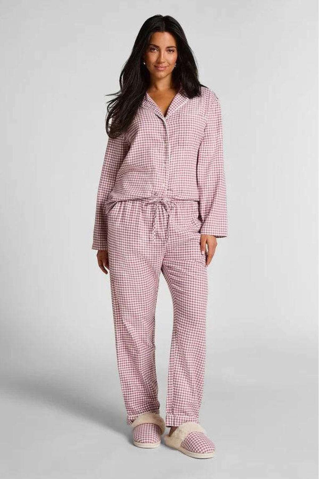 Hunkemöller flanellen pyjamabroek roze/wit