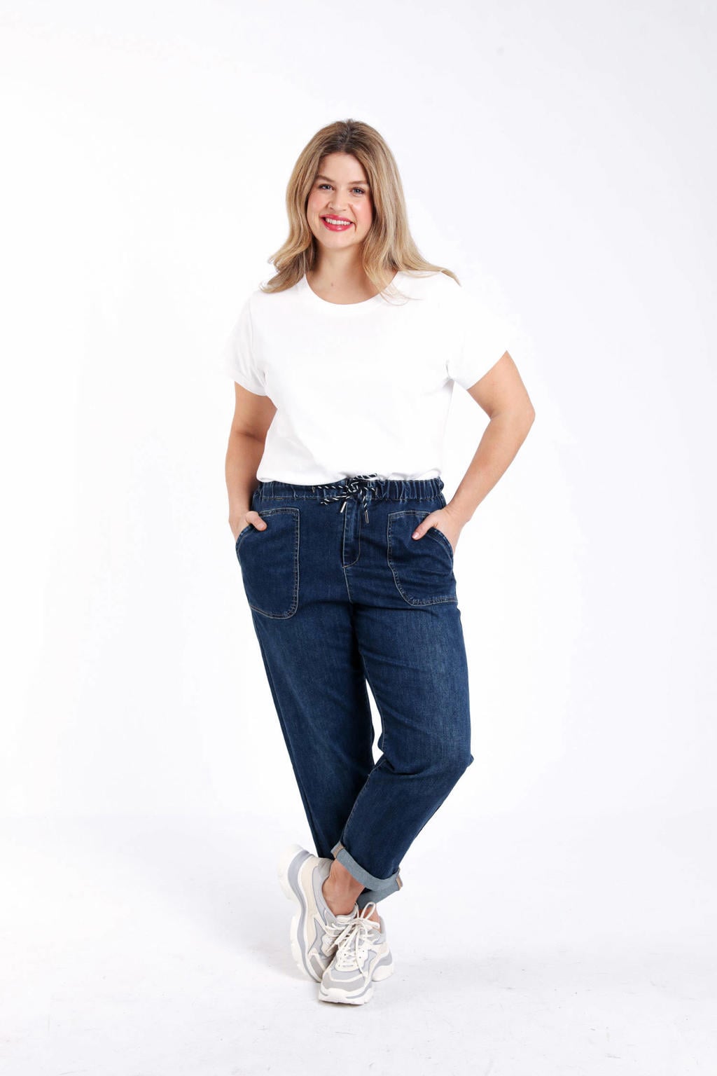 Dark blue denim dames Paprika regular waist broek dark blue van katoen met loose fit, knoopsluiting en effen