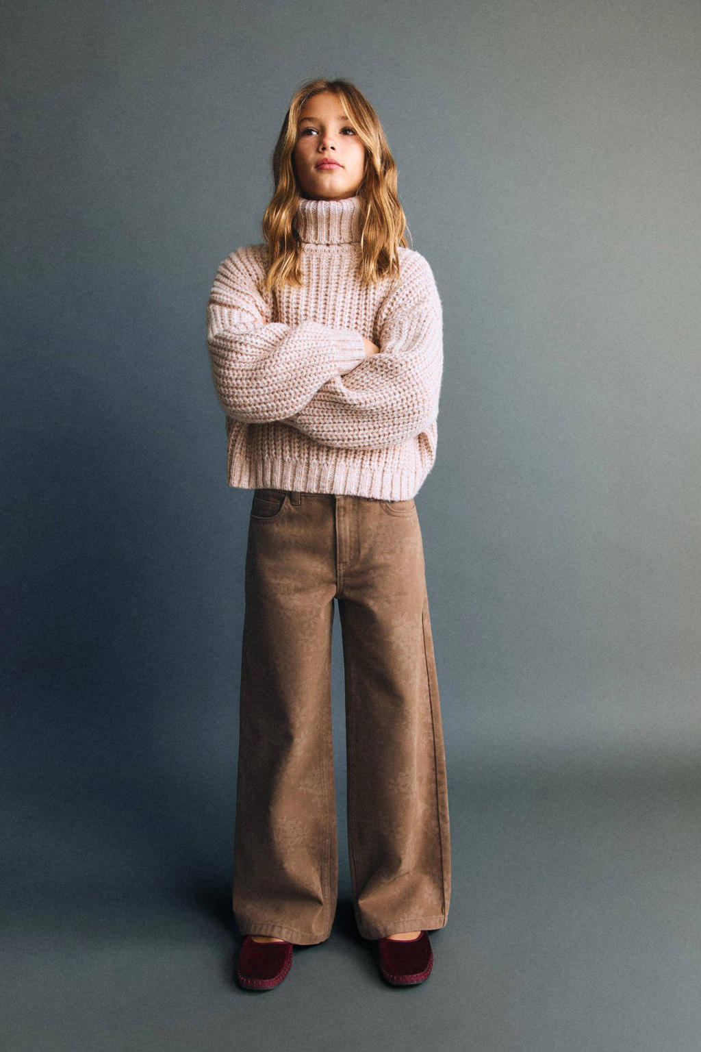 Bruine meisjes Mango Kids Wide leg high waist gebloemde wide leg jeans van denim met rits- en knoopsluiting