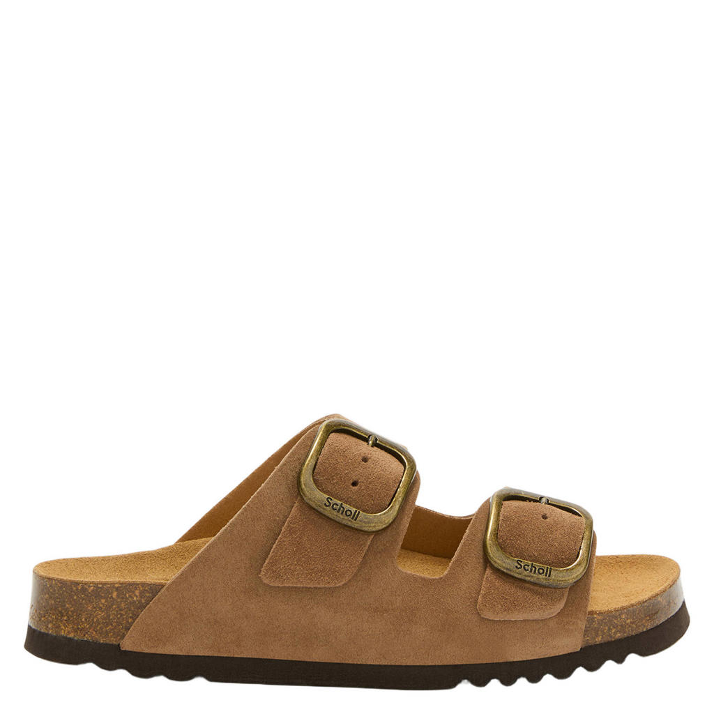 Cognackleurige dames Scholl Noelle suède slippers met gesp
