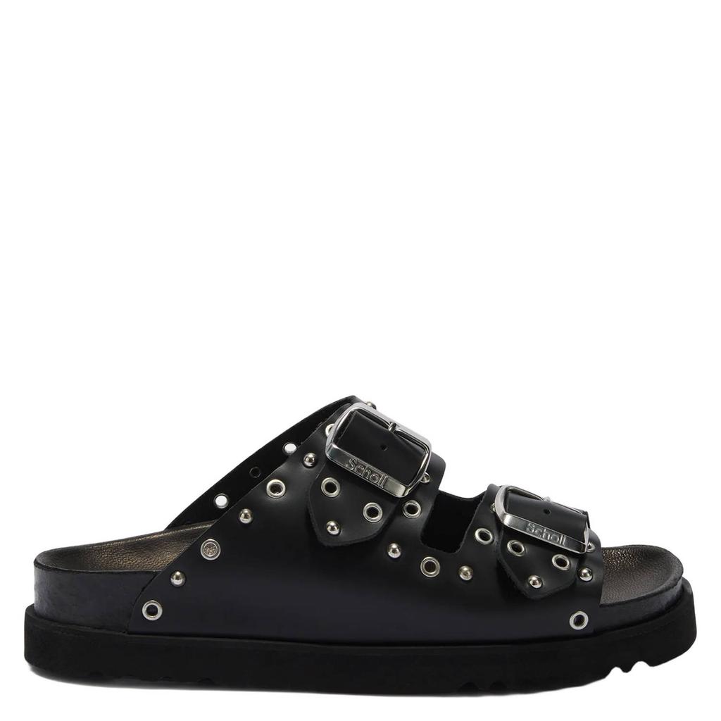 Zwarte dames Scholl Beatriz Ring leren slippers met gesp