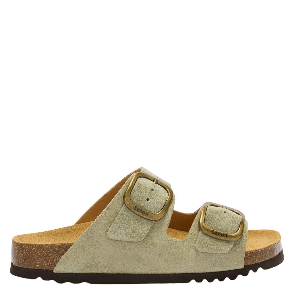Groene dames Scholl Noelle imitatieleren leren slippers van suède met gesp