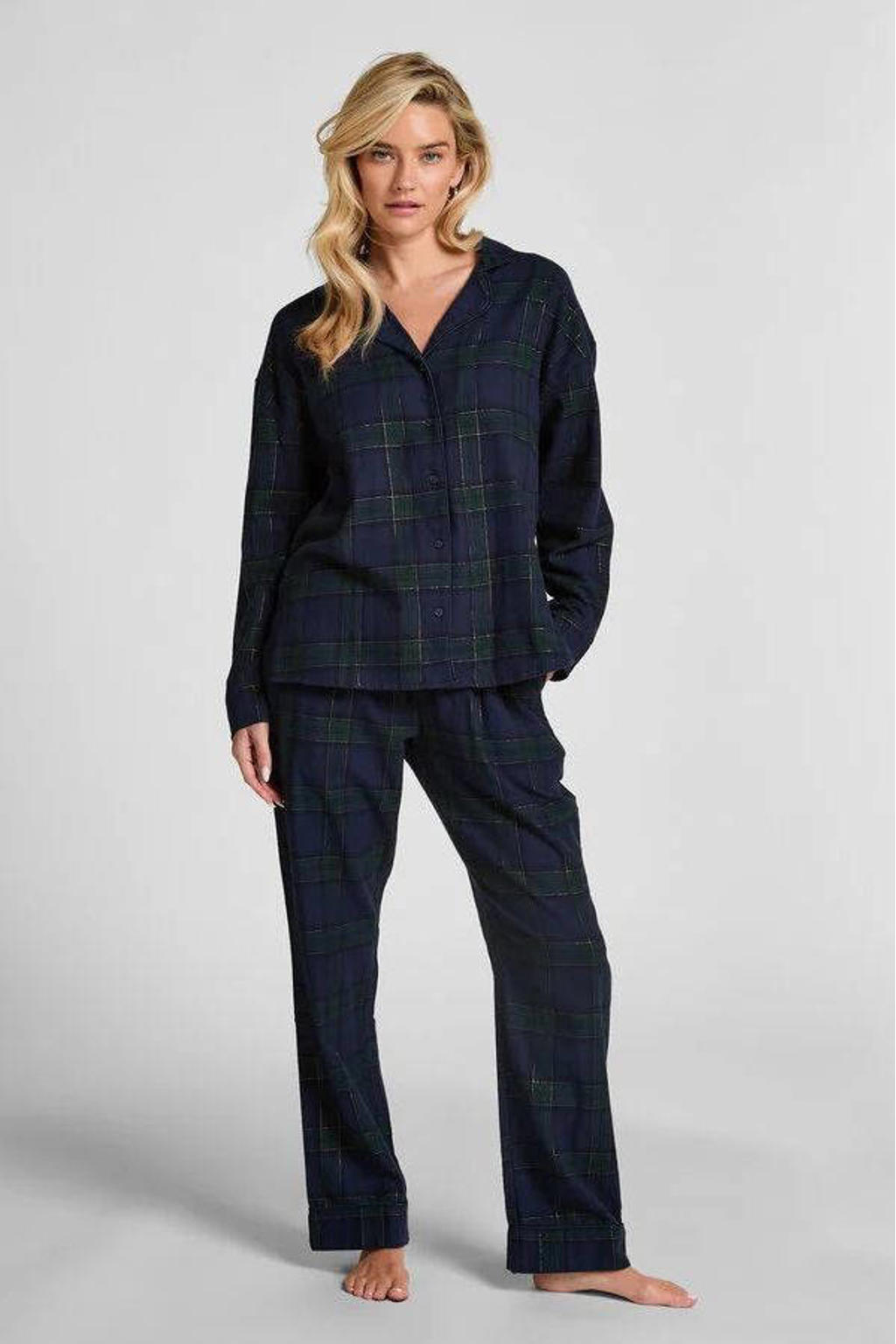 Hunkemöller flanellen pyjamabroek donkerblauw/groen