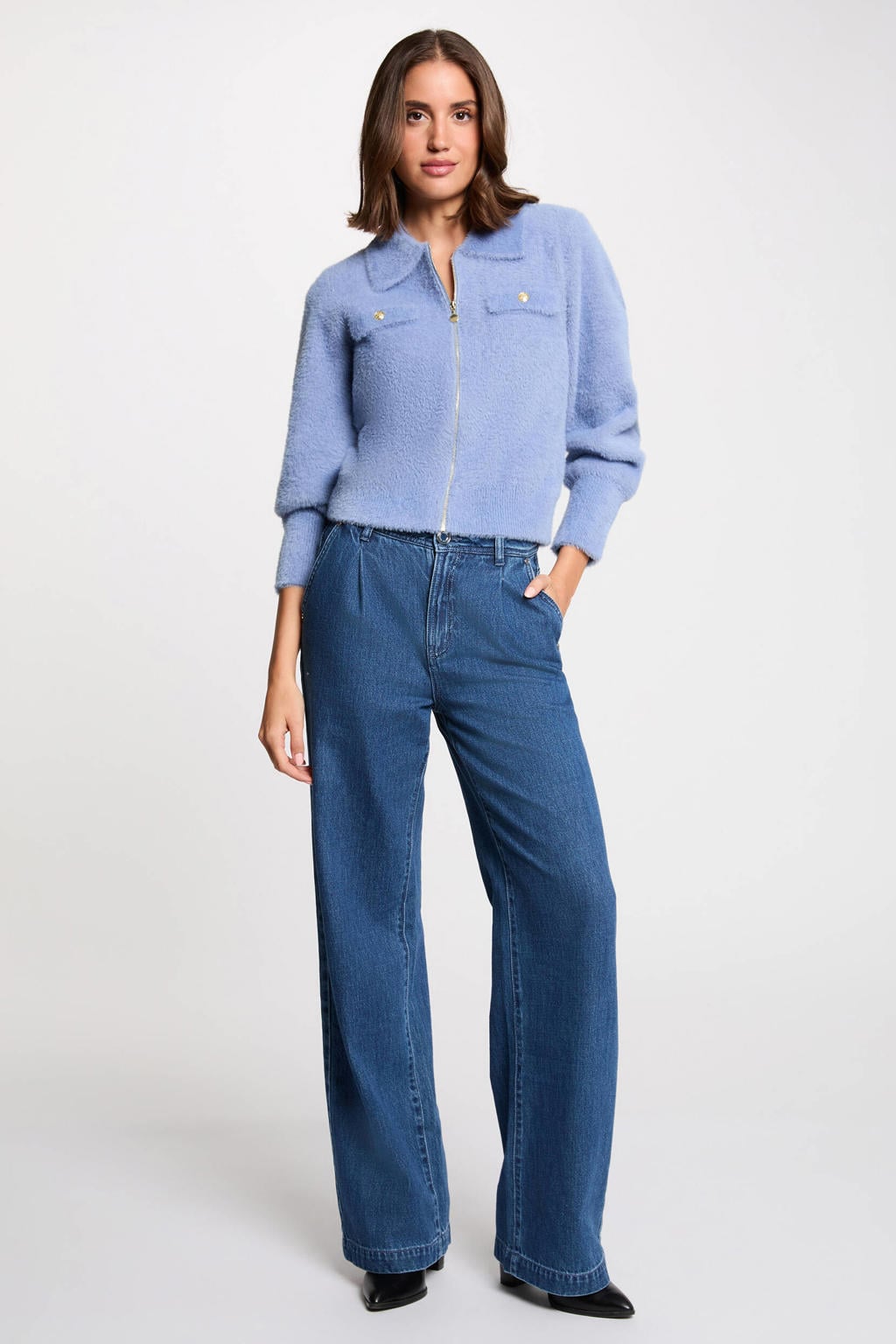 Blauwe dames Morgan gebreid vest van polyamide met effen, lange mouwen, V-hals en ritssluiting