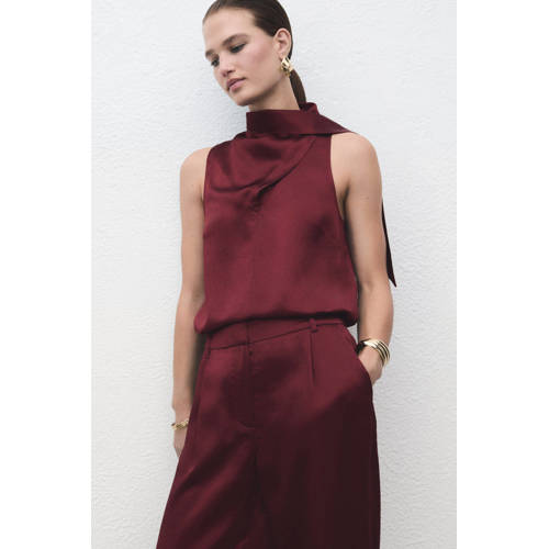 Mango satijnen wide leg regular waist broek donkerrood afbeelding