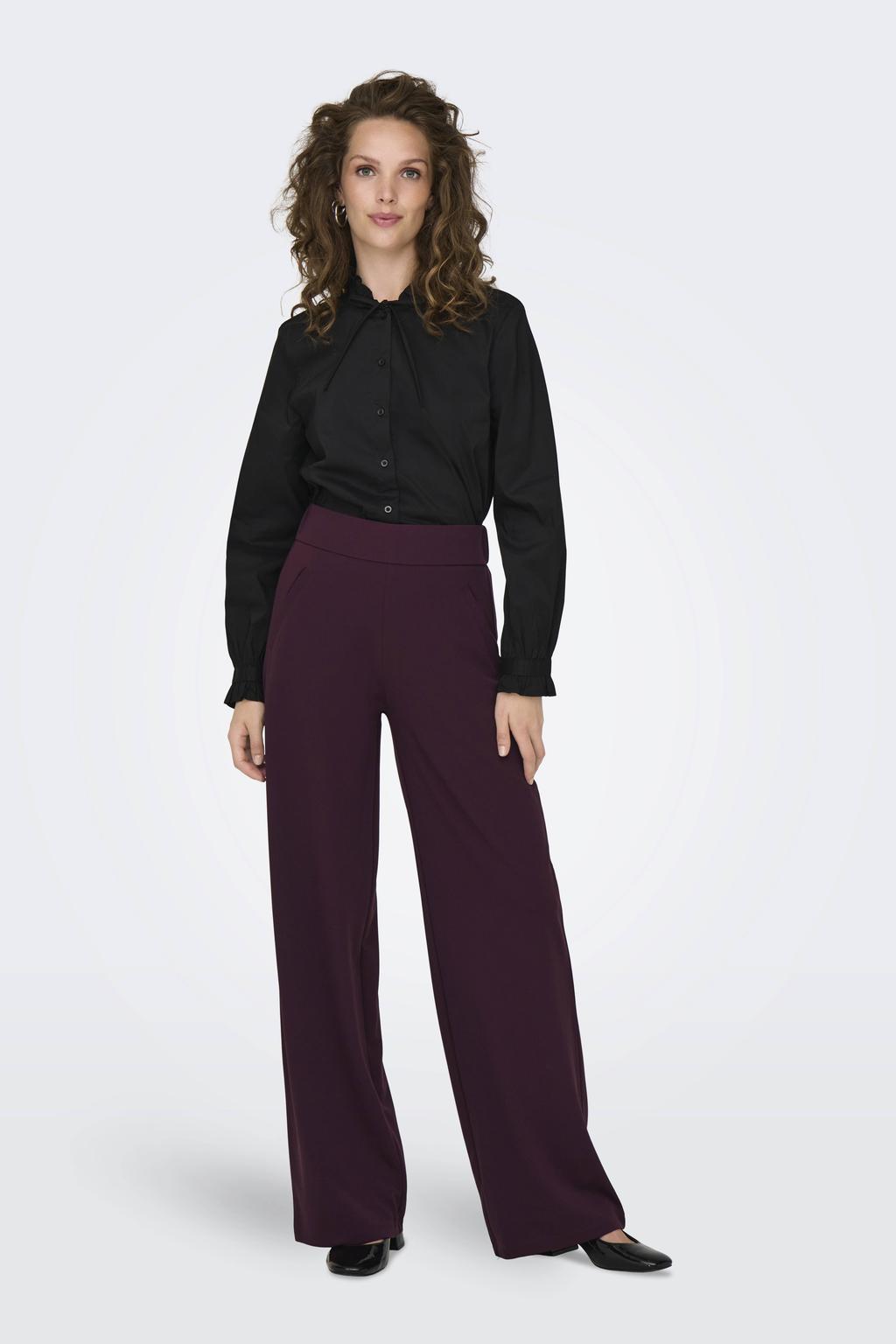 Donkerrode dames JDY wide leg high waist casual broek met elastische inzet en effen