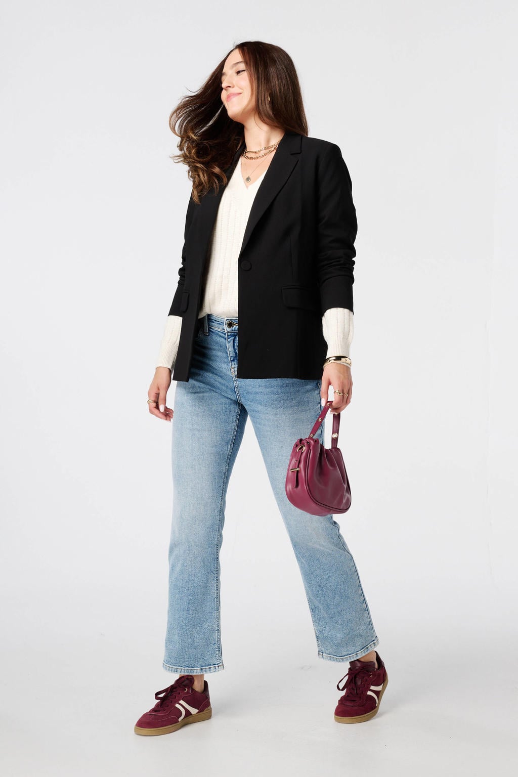 Ecru dames MS Mode pullover van wol met effen, lange mouwen en klassieke kraag
