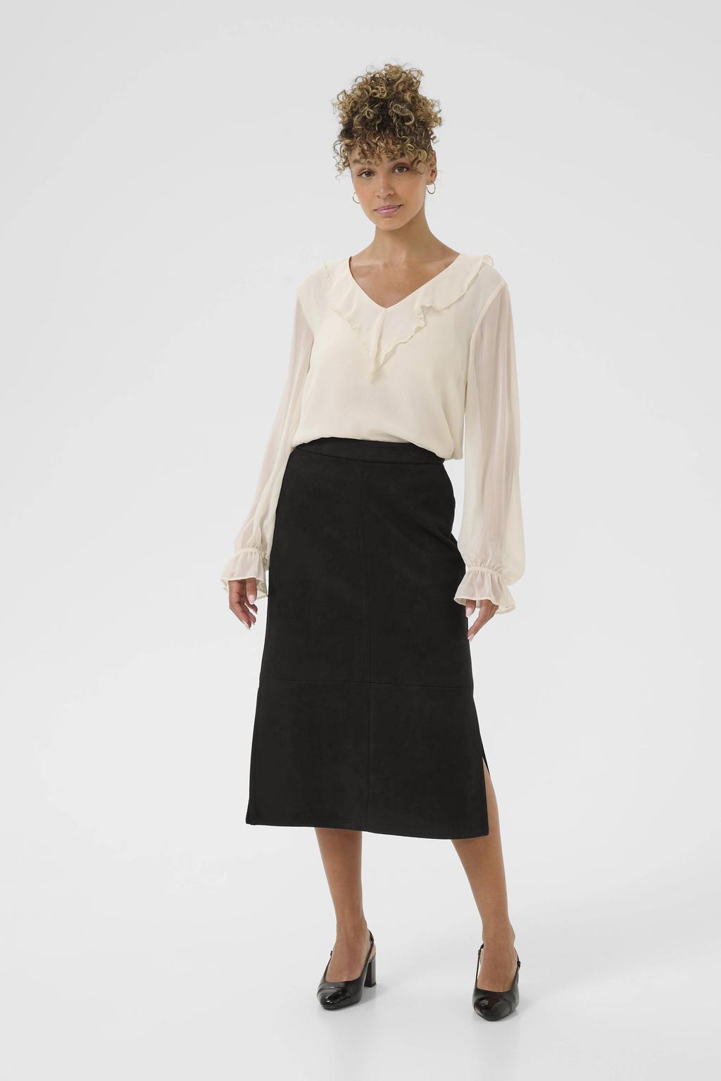 Zwarte dames Cream suede A-lijn rok voorzien van elastische tailleband