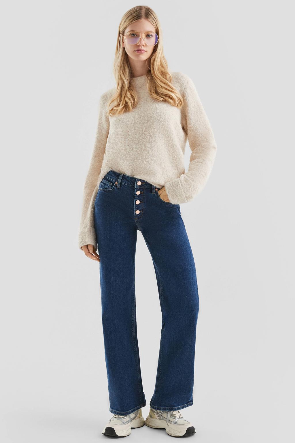 Donkerblauwe dames QS straight leg jeans dark blue van denim met knoopsluiting en effen