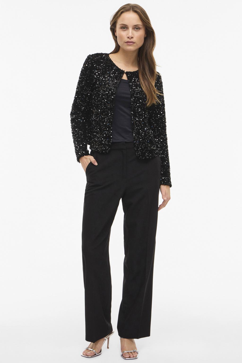 Zwarte dames VILA gevoerd vest met effen, lange mouwen, ronde hals, haaksluiting en glitters