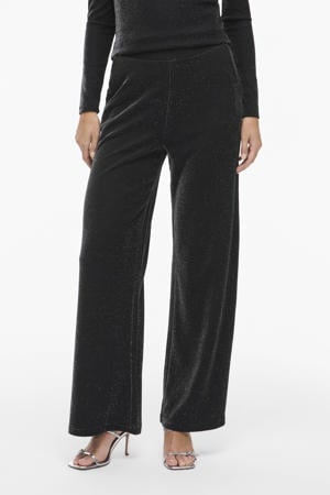 wide leg high waist casual broek zwart met glitter