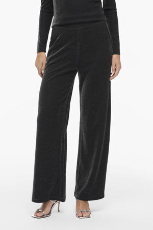 wide leg high waist casual broek zwart met glitter