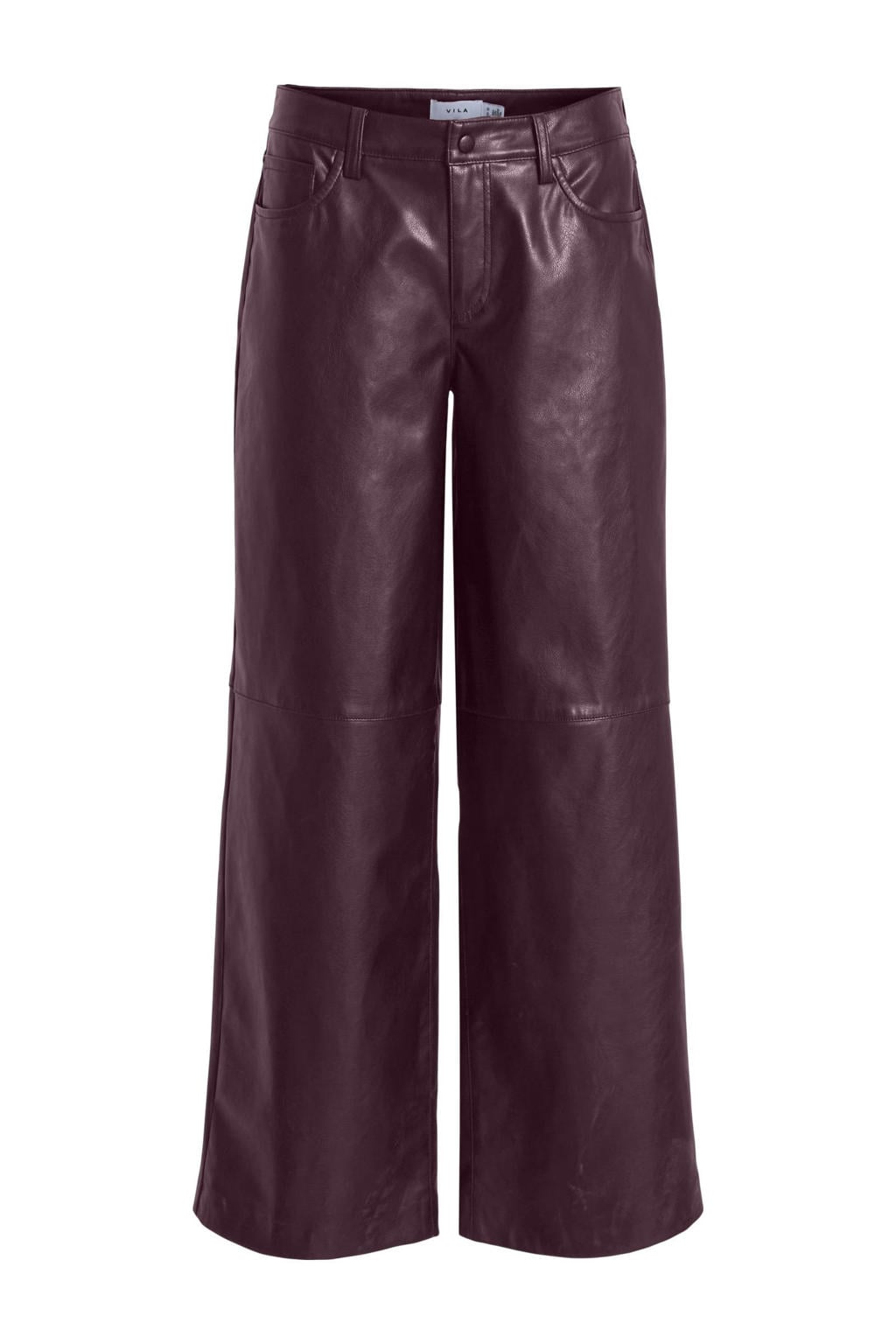 Donkerrode dames VILA straight coated broek met regular waist, knoopsluiting en effen