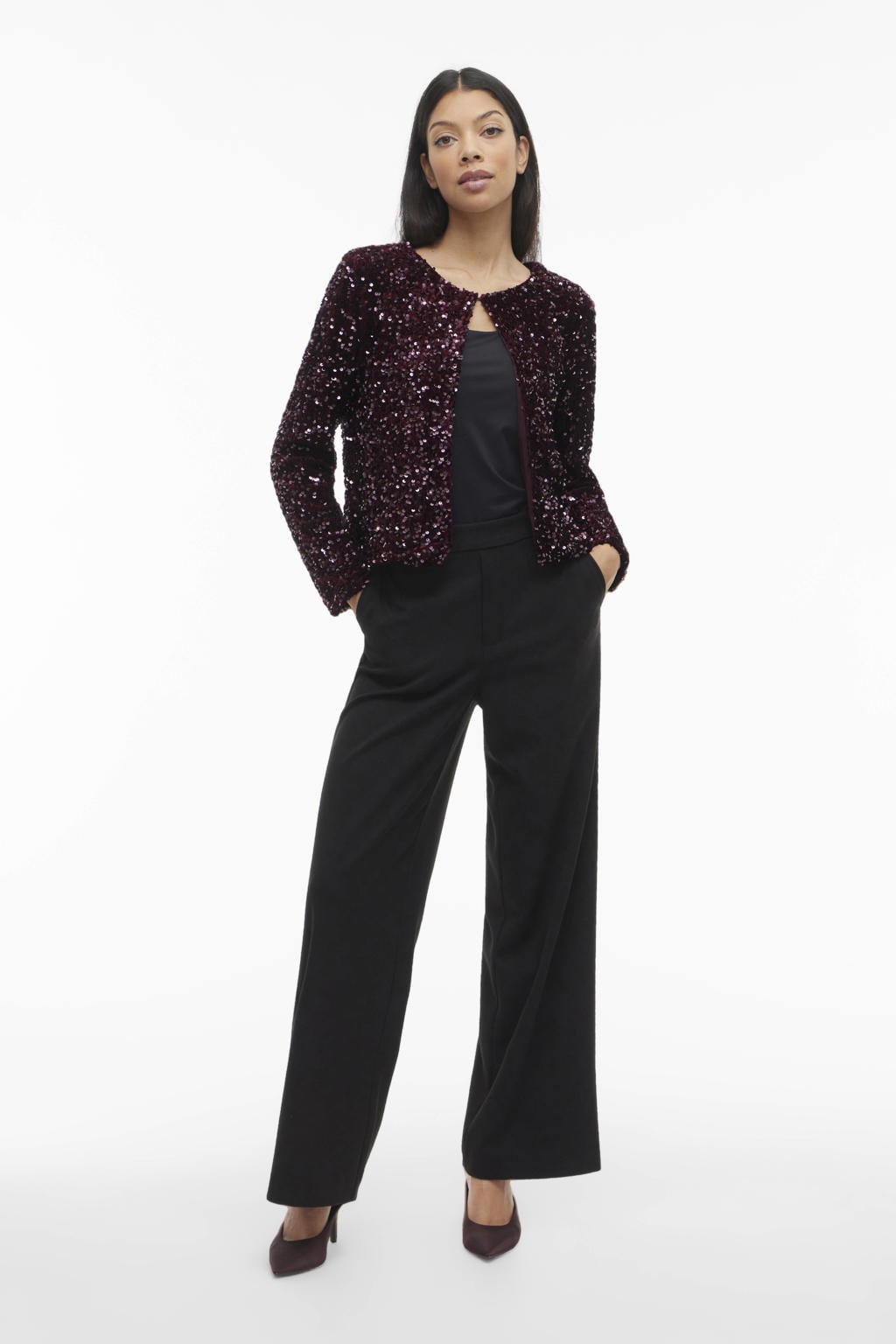 Donkerrode dames VILA gevoerd vest met effen, lange mouwen, ronde hals, haaksluiting en glitters
