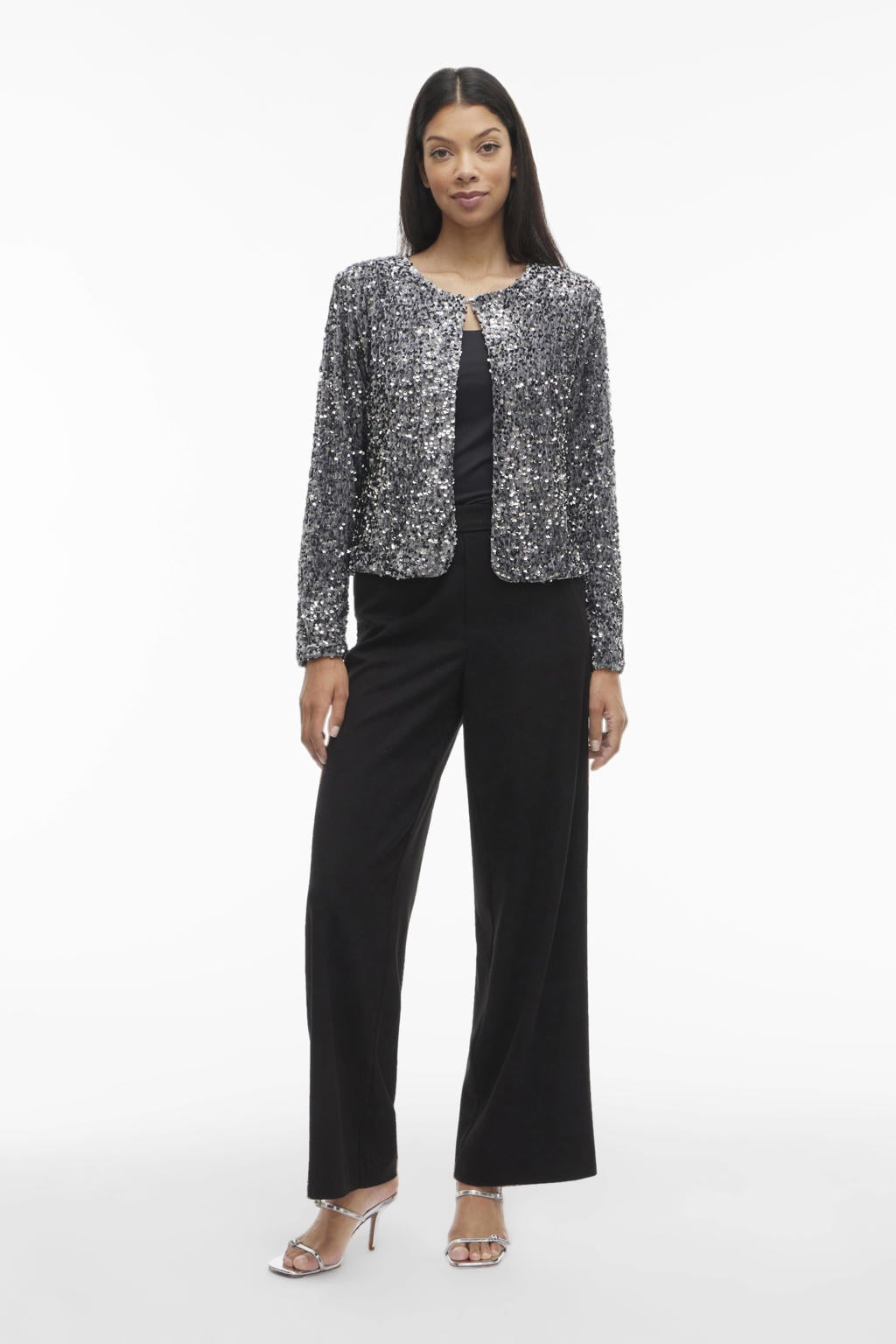 Grijze dames VILA gevoerd vest met effen, lange mouwen, ronde hals, haaksluiting en glitters