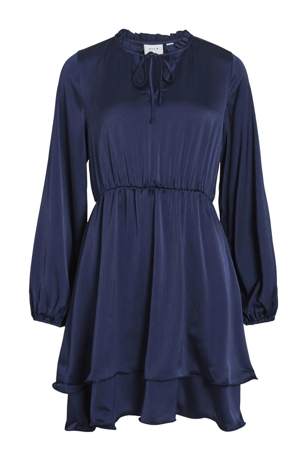 Donkerblauwe dames VILA korte jurk van polyester met effen, lange mouwen, V-hals, striksluiting en glimmend detail