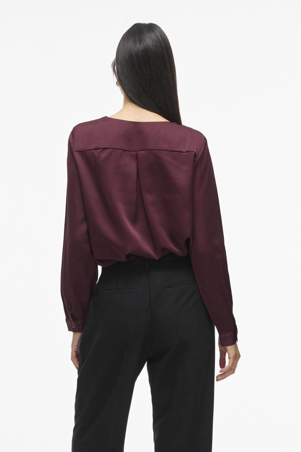 Donkerrode dames VILA satijnen blouse met effen, lange mouwen, V-hals en knoopsluiting