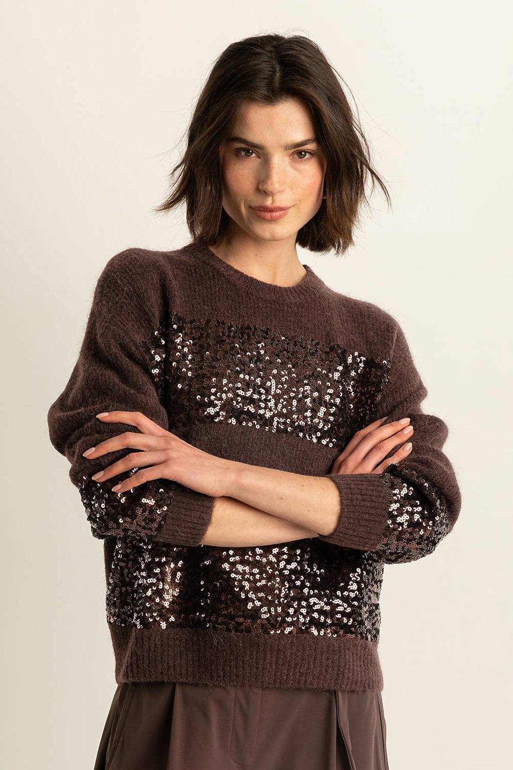 Donkerblauwe dames Expresso gestreepte gebreide trui van polyamide met lange mouwen, ronde hals en glitters