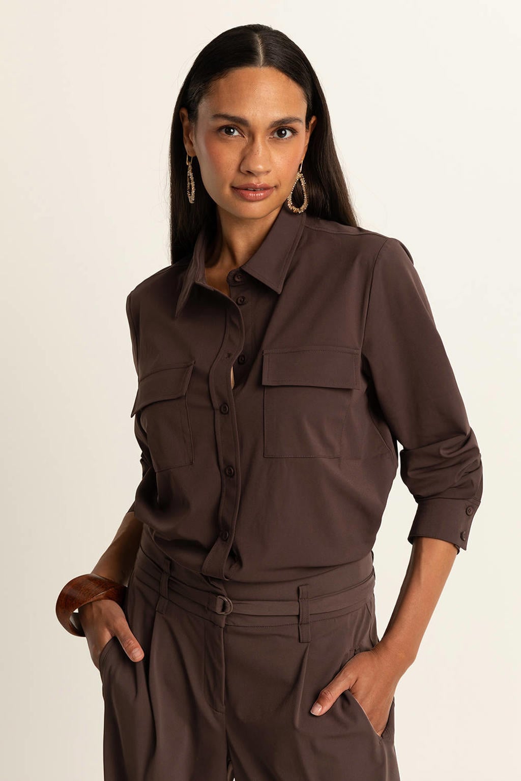 Donkerblauwe dames Expresso travelstof blouse van polyamide met effen, lange mouwen, klassieke kraag en knoopsluiting