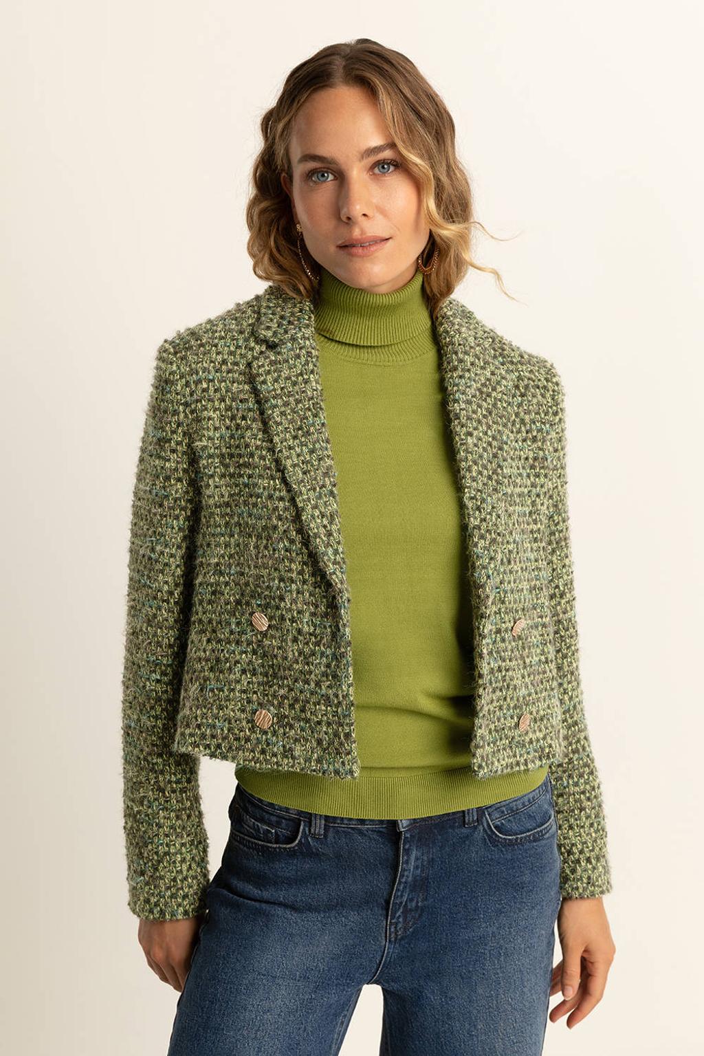 Groene dames Expresso cropped blazer van polyester met melée print, lange mouwen, reverskraag en knoopsluiting