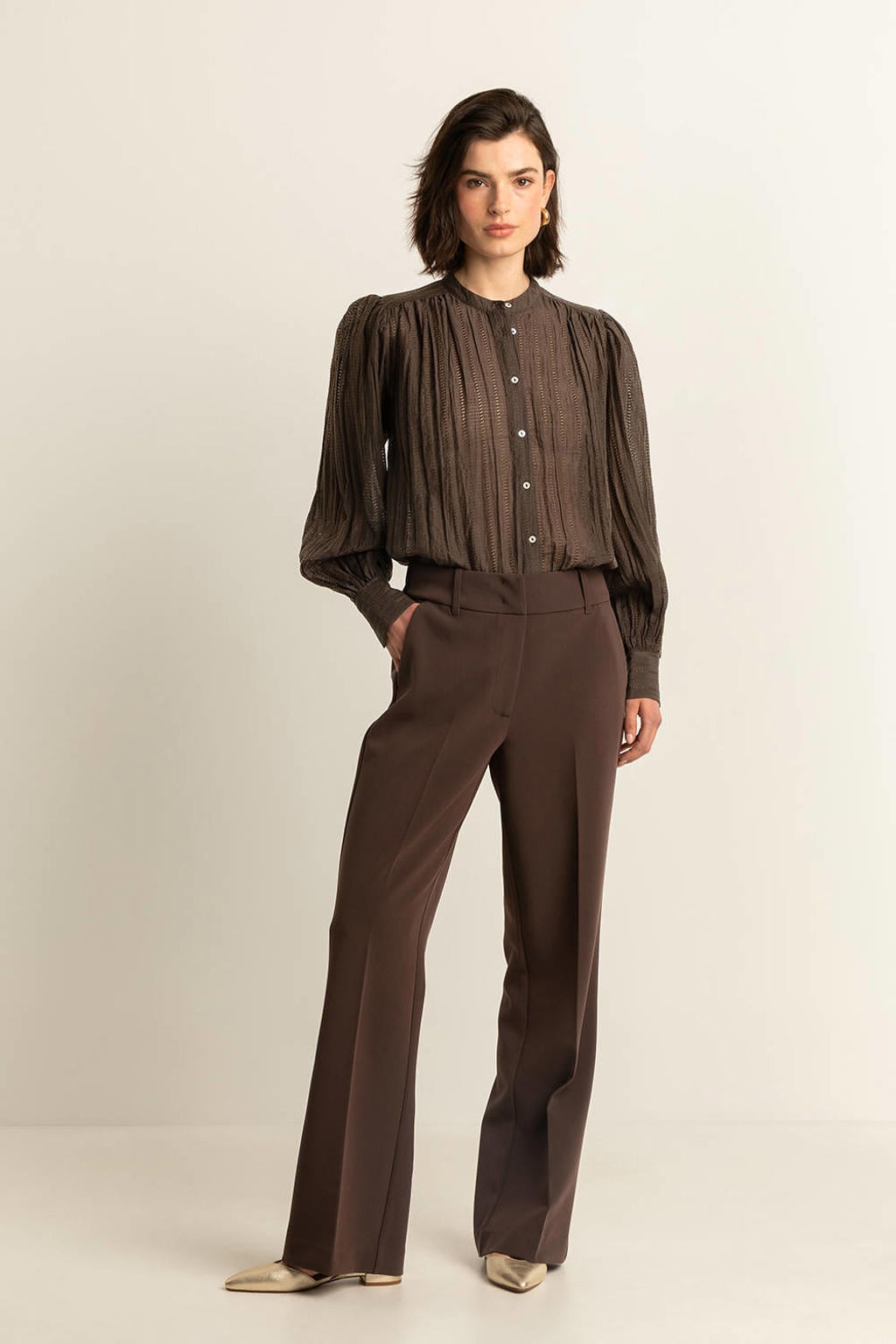 Donkerblauwe dames Expresso flared high waist pantalon van polyester met wijde pijpen, rits, haak- en knoopsluiting en effen