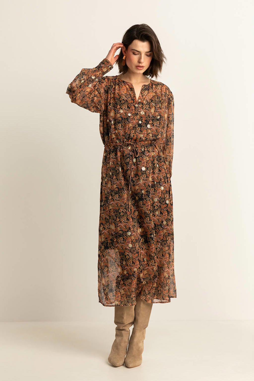 Bruin en oranje dames Expresso midi jurk van polyester met lange mouwen en V-hals