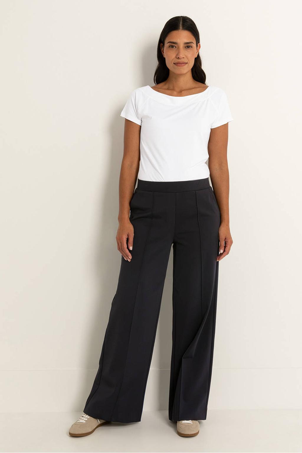 Zwarte dames Claudia Sträter travelstof flared high waist flared broek met elastische tailleband en effen