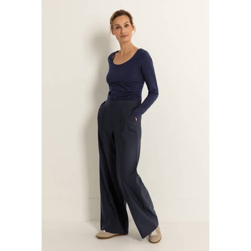 Claudia Sträter travelstof flared high waist flared broek donkerblauw afbeelding