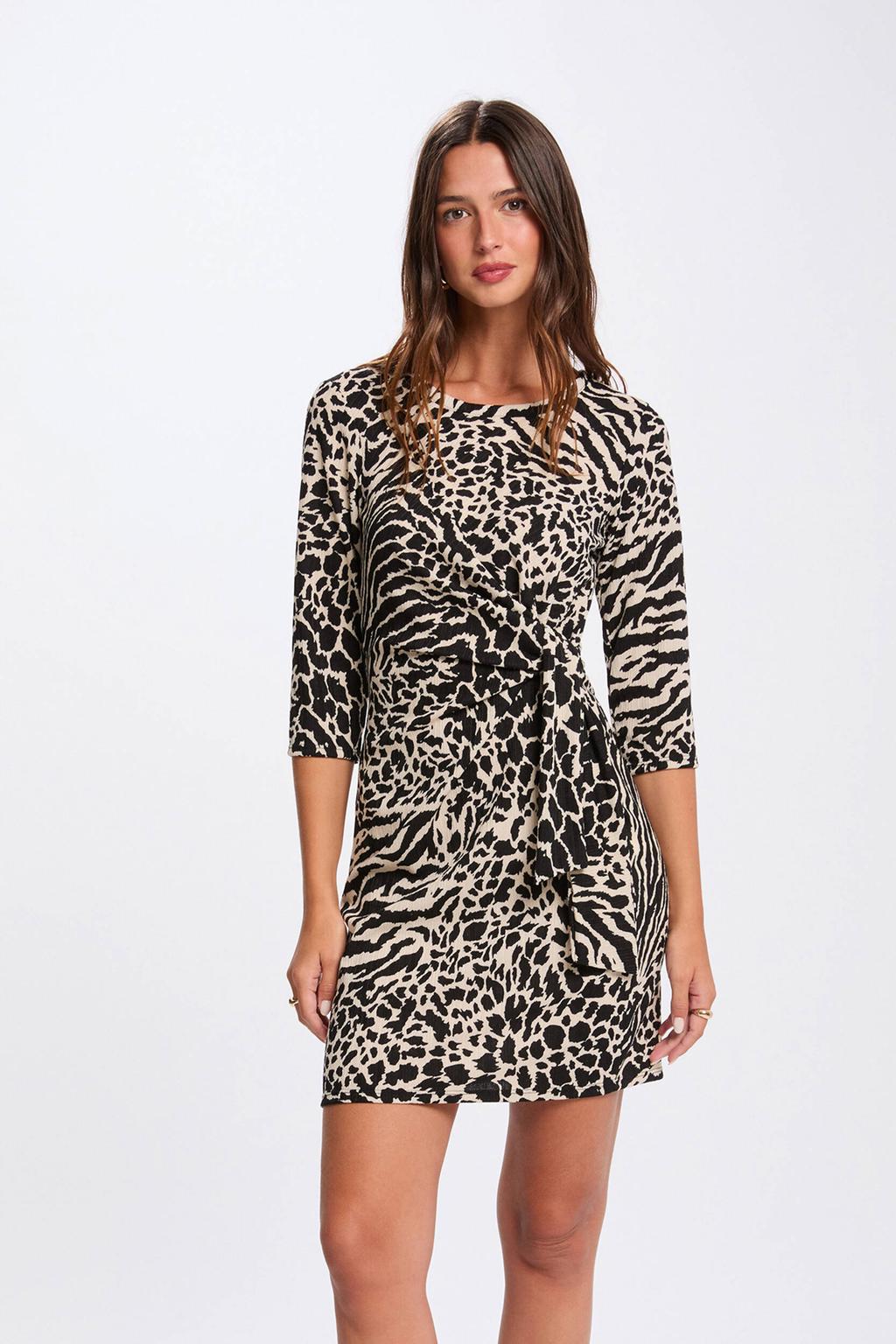 Multikleurige dames Morgan mini jurk van polyester met dierenprint, lange mouwen en ronde hals