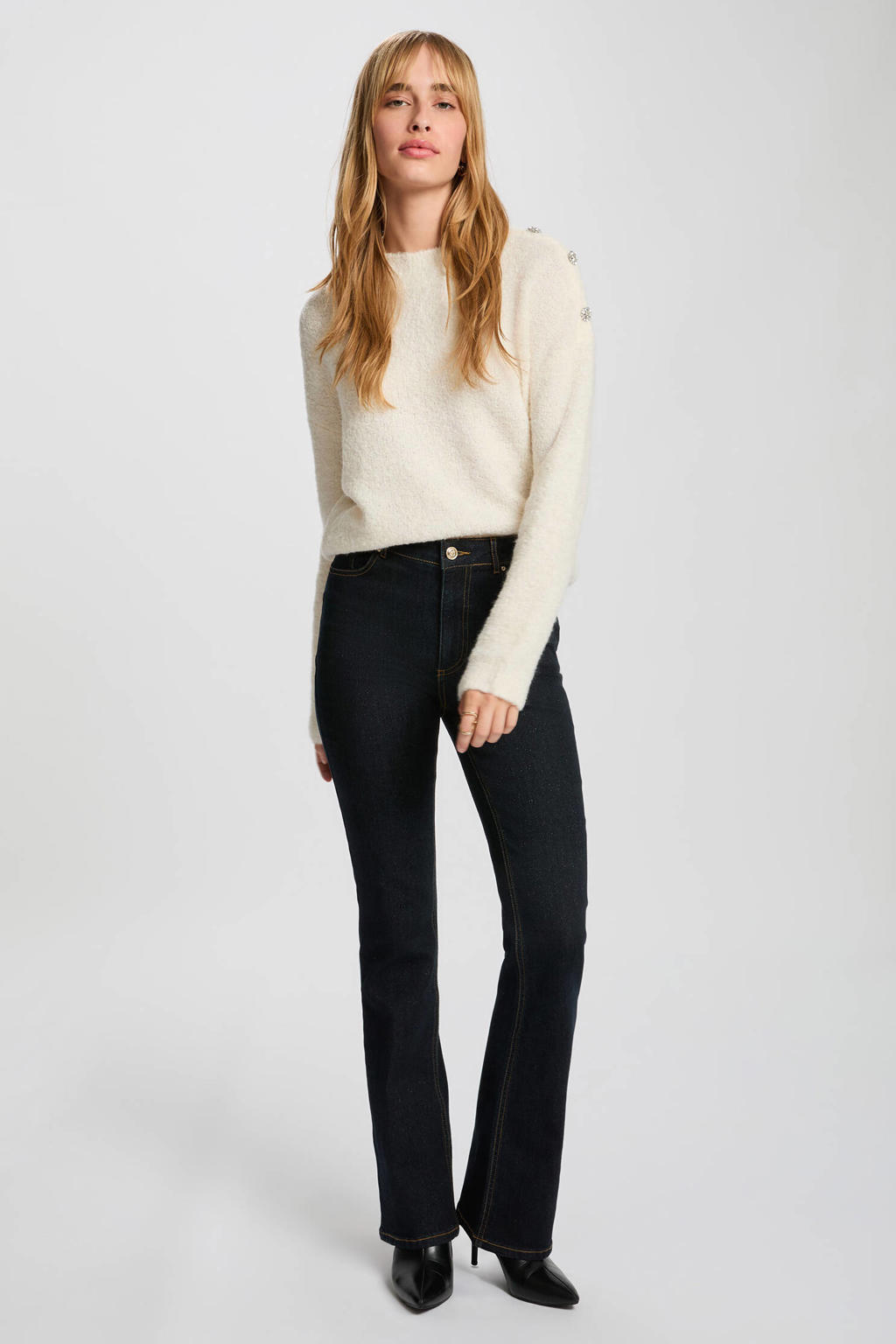 Dark blue denim dames Morgan flared jeans dark blue van denim met rits- en knoopsluiting en effen