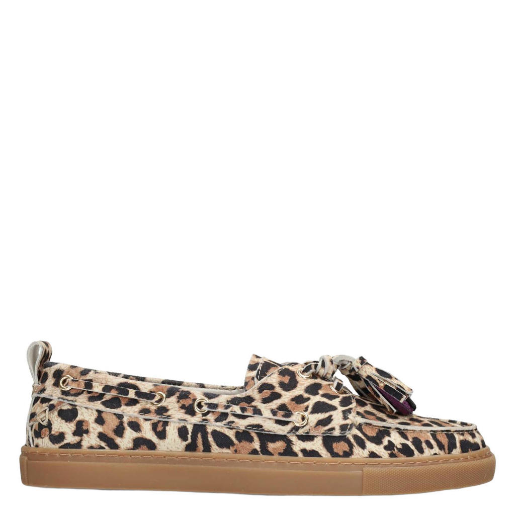 Beige, bruin en zwarte dames Poelman Silk suède bootschoenen met panterprint