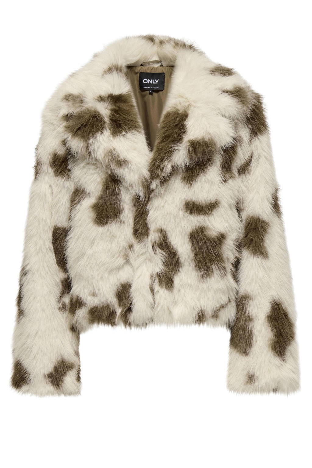 Ecru en bruine dames ONLY faux fur jas van imitatiebont met dierenprint, lange mouwen en knoopsluiting