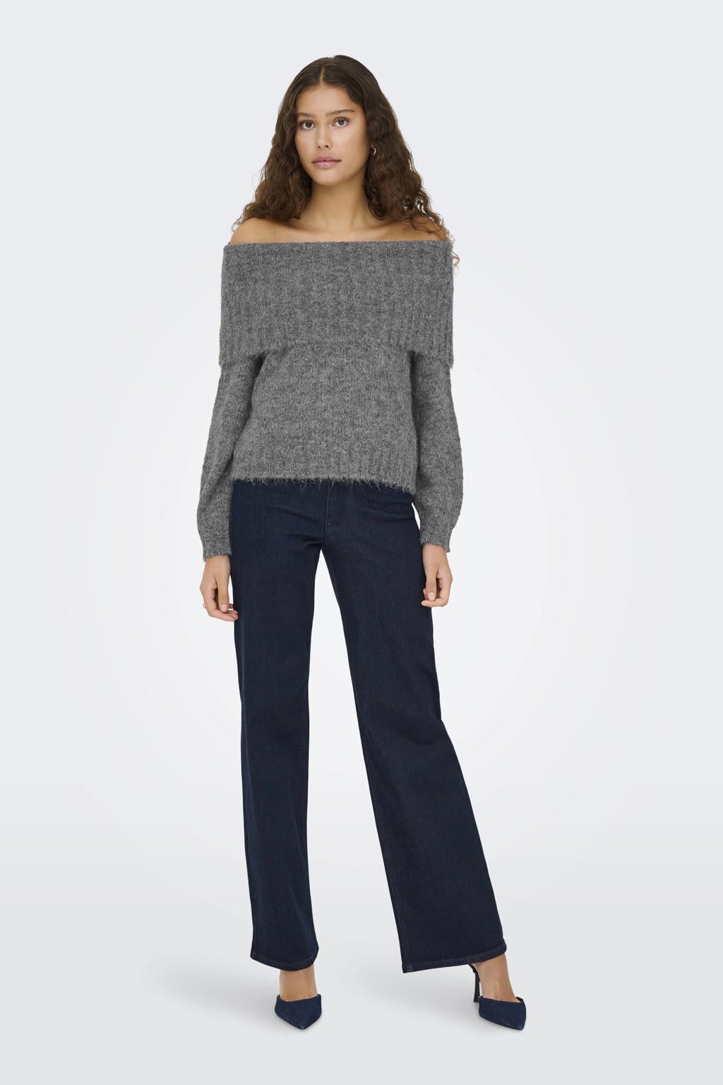 Grijs melange dames ONLY trui melange gebreid van wol met effen, lange mouwen en off shoulder hals
