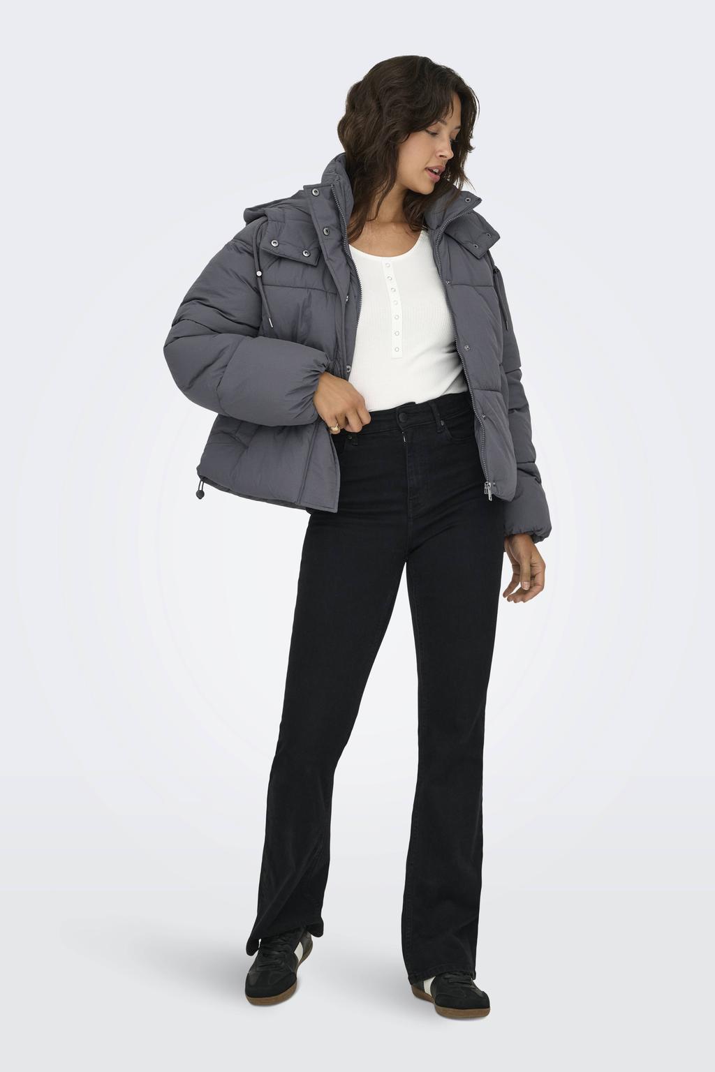 Grijze dames ONLY winterjas van nylon met effen, lange mouwen, capuchon en ritssluiting
