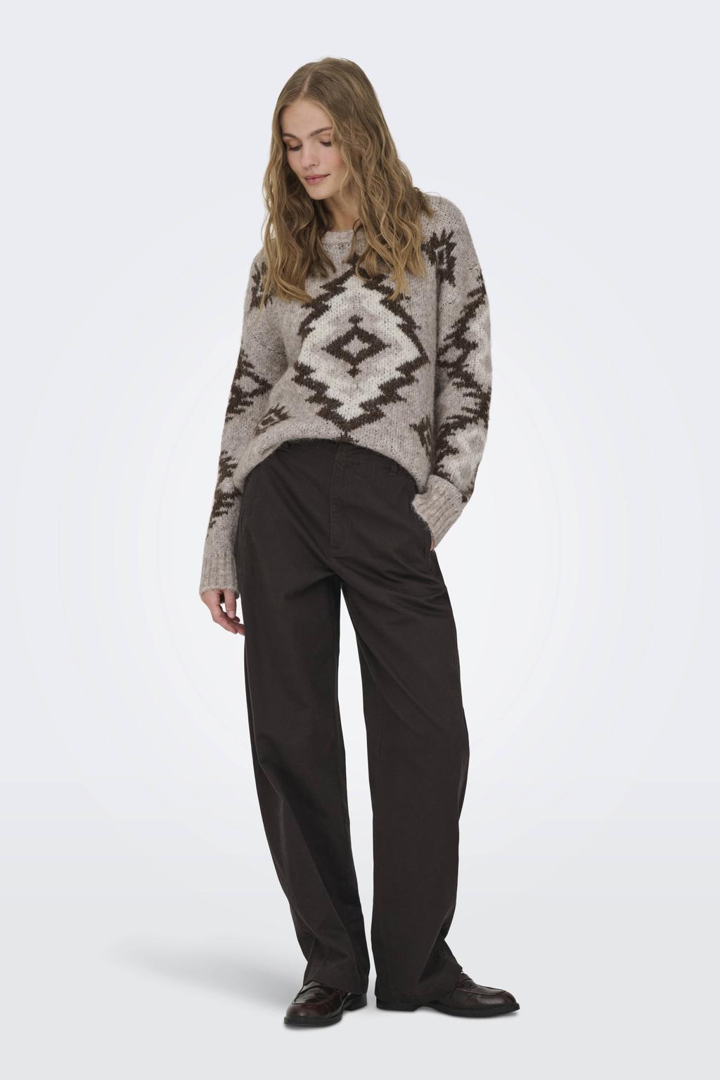 Grijs en bruine dames ONLY trui gebreid van wol met lange mouwen en ronde hals