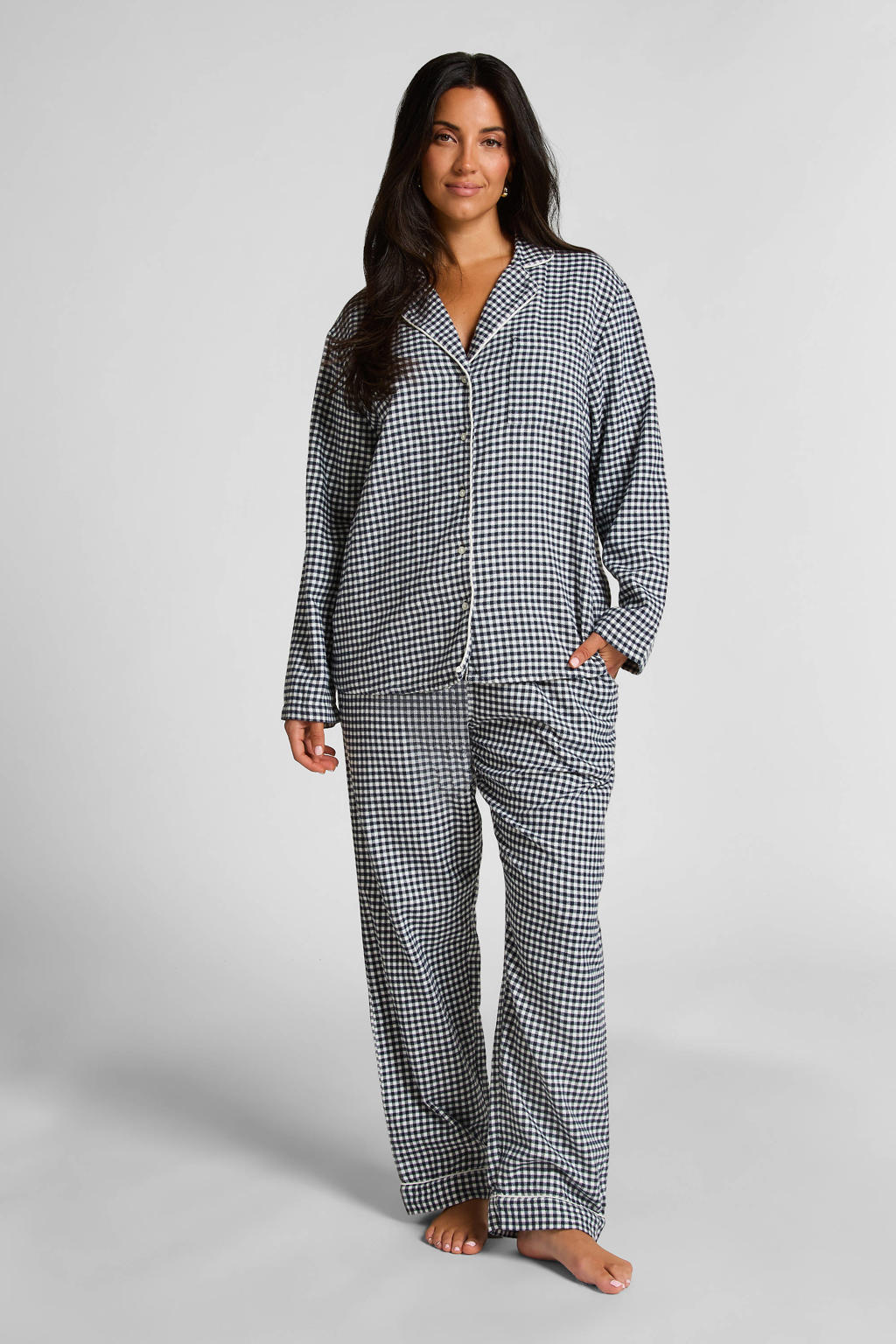 Hunkemöller flanellen pyjamatop donkerblauw/wit