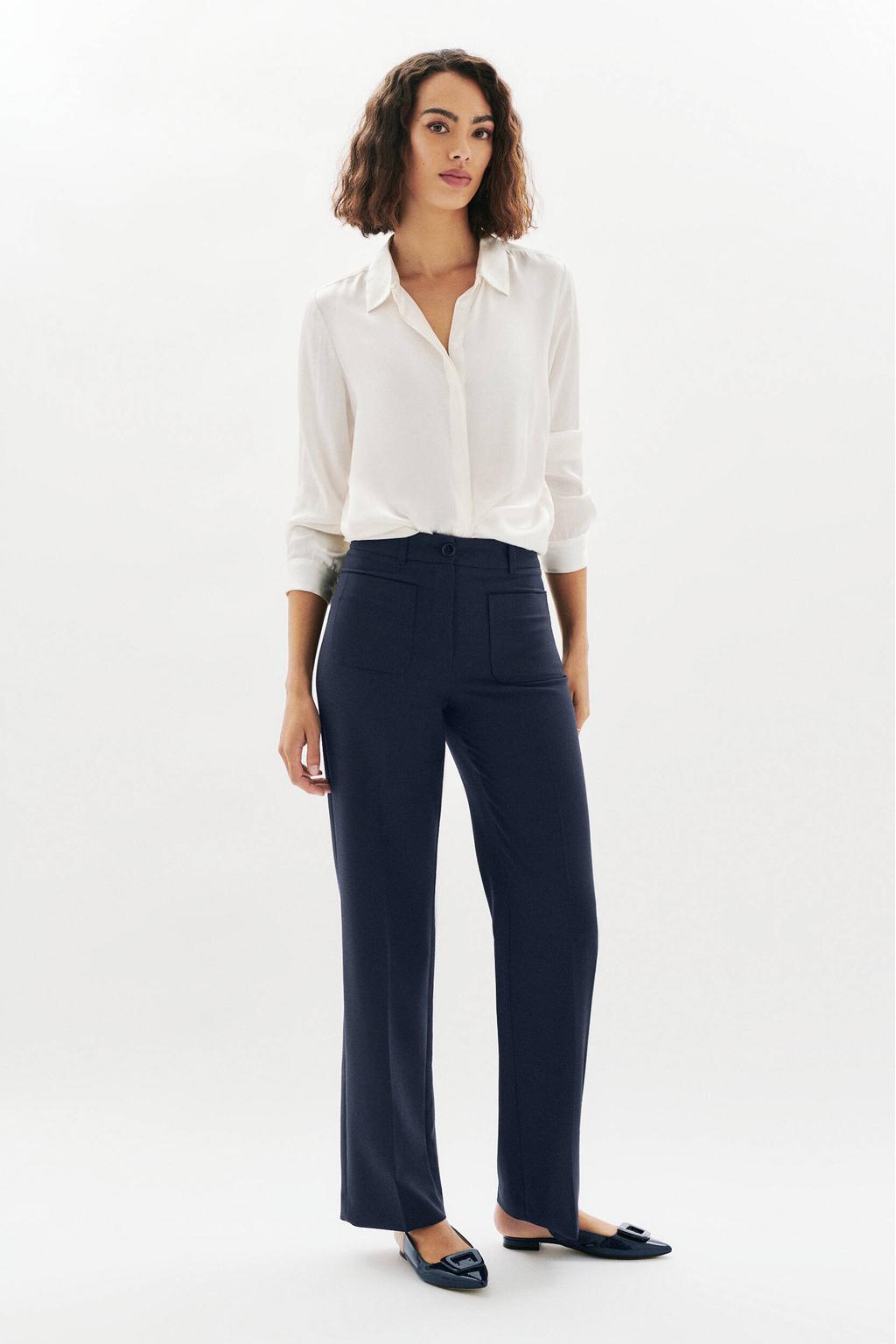 Donkerblauwe dames Caroll straight high waist broek van polyester met rits- en knoopsluiting en effen