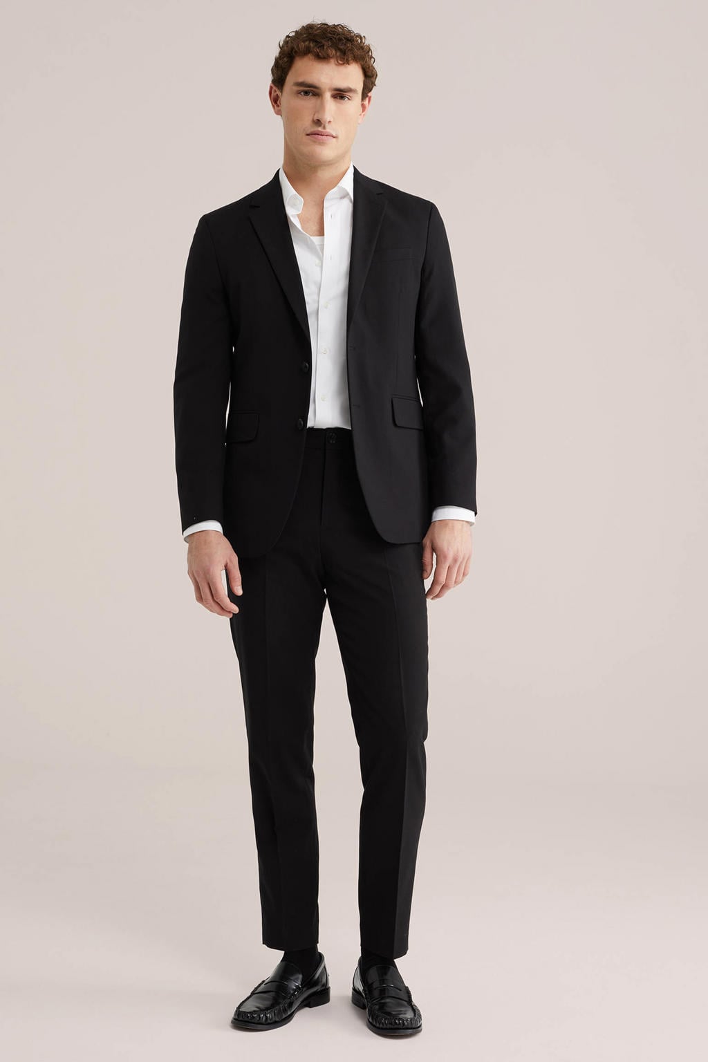 Zwarte heren WE Fashion colbert van polyester met effen, klassieke kraag en knoopsluiting