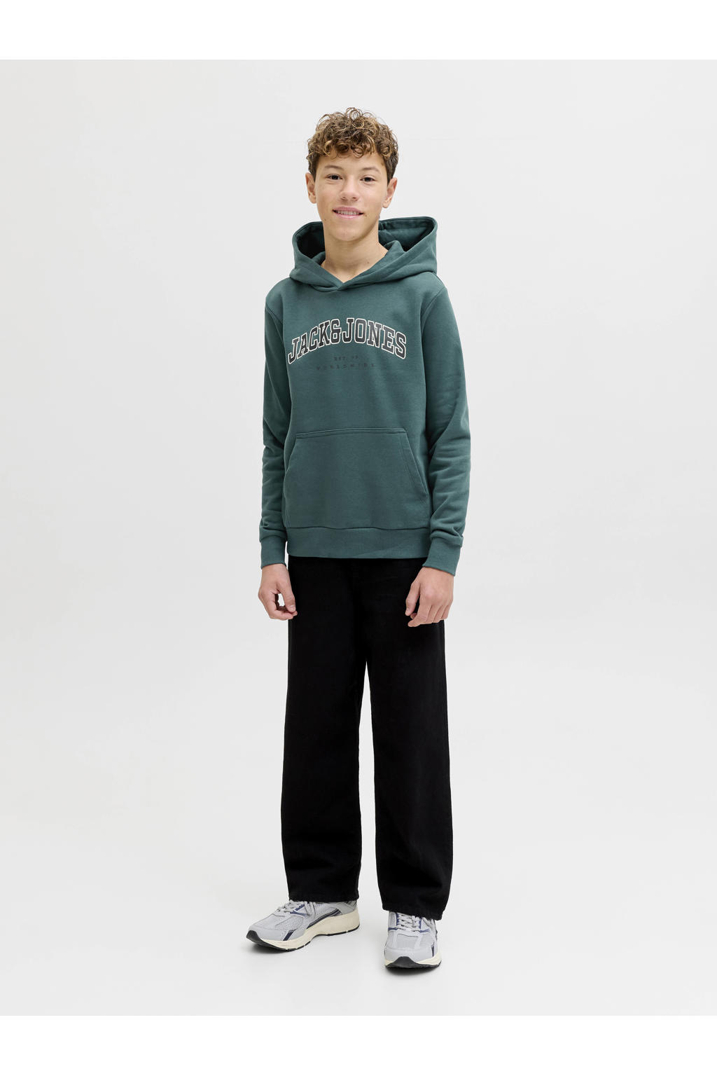 Donkergroene jongens JACK & JONES JUNIOR hoodie van katoen met logo dessin, lange mouwen en capuchon