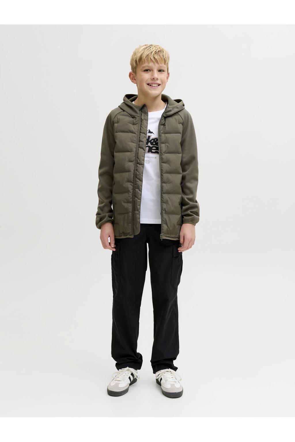 Olijfgroene jongens JACK & JONES JUNIOR jack lente gebreid van polyester met effen, lange mouwen, capuchon en ritssluiting