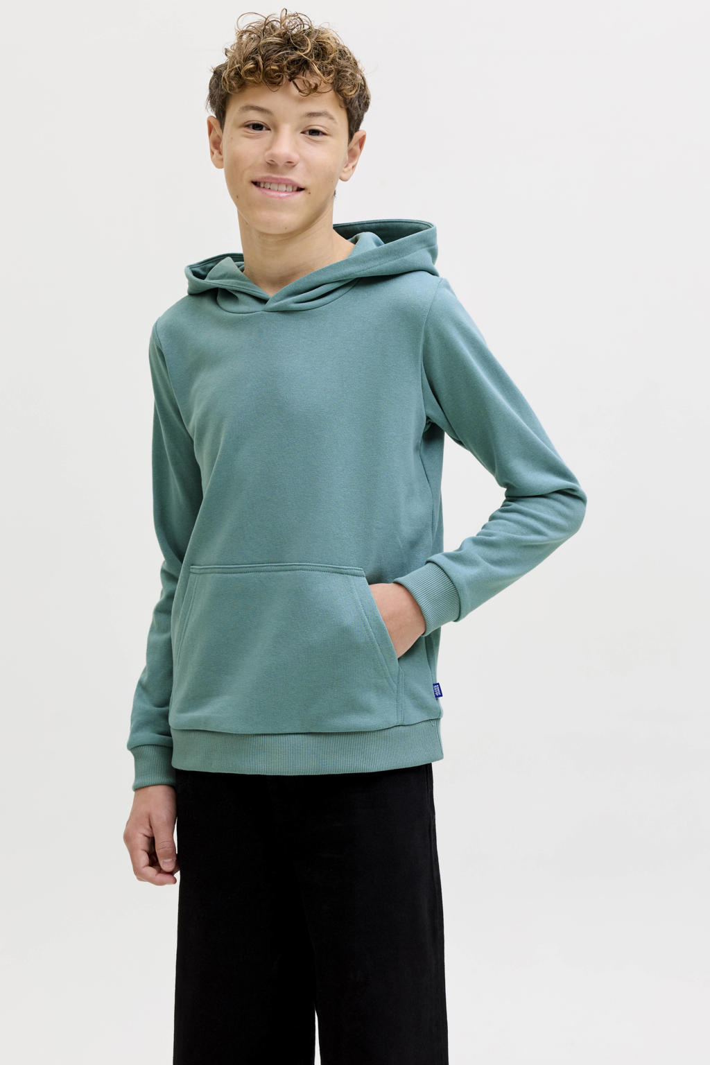 Groene jongens JACK & JONES JUNIOR hoodie van polyester met effen, lange mouwen en capuchon