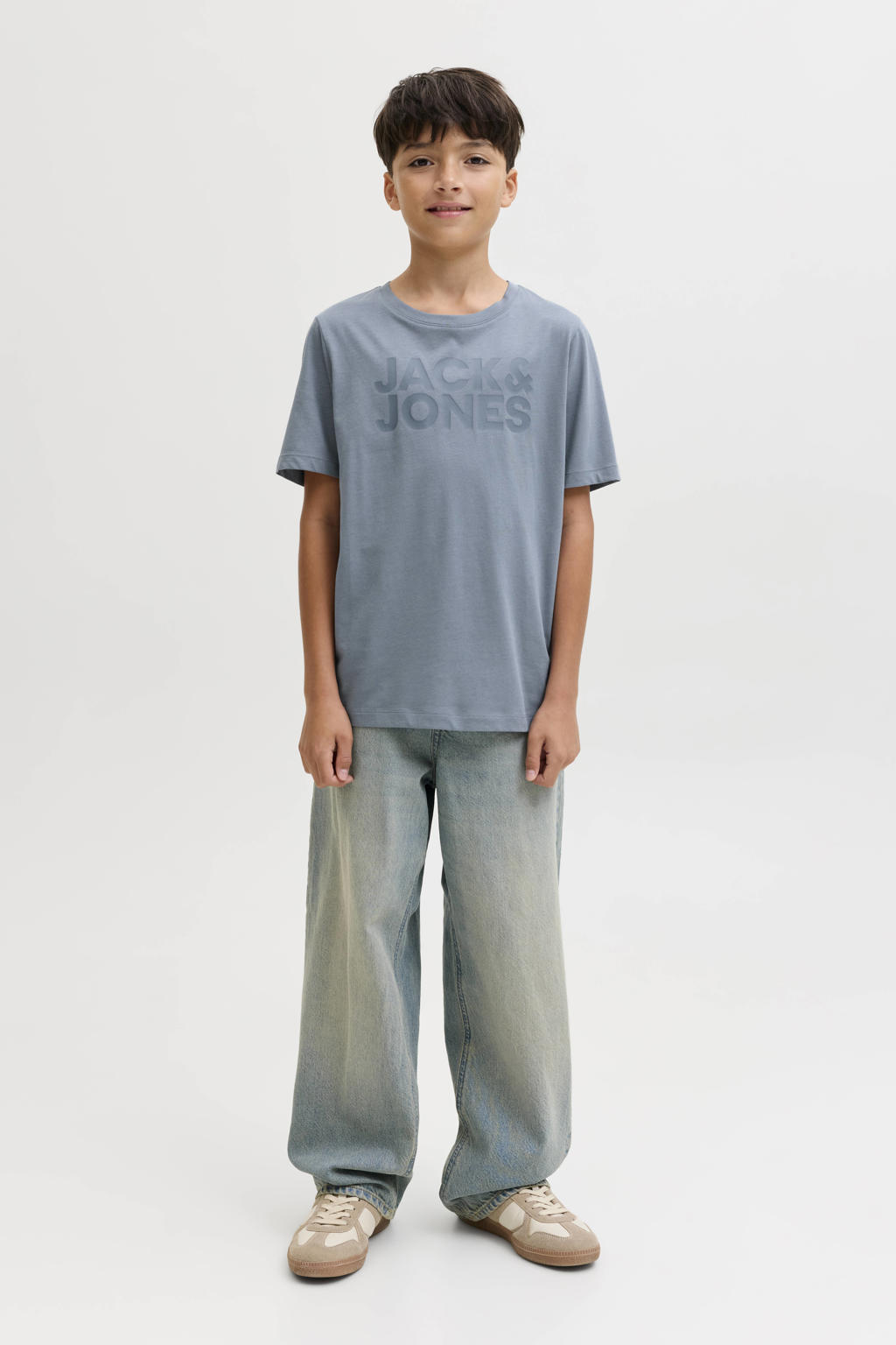 Grijsblauwe jongens JACK & JONES JUNIOR T-shirt van katoen met logo dessin, korte mouwen en ronde hals