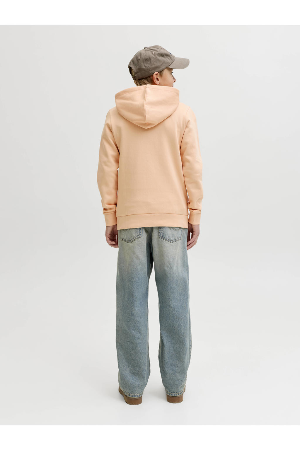 Beige jongens JACK & JONES JUNIOR hoodie van katoen met logo dessin, lange mouwen en capuchon