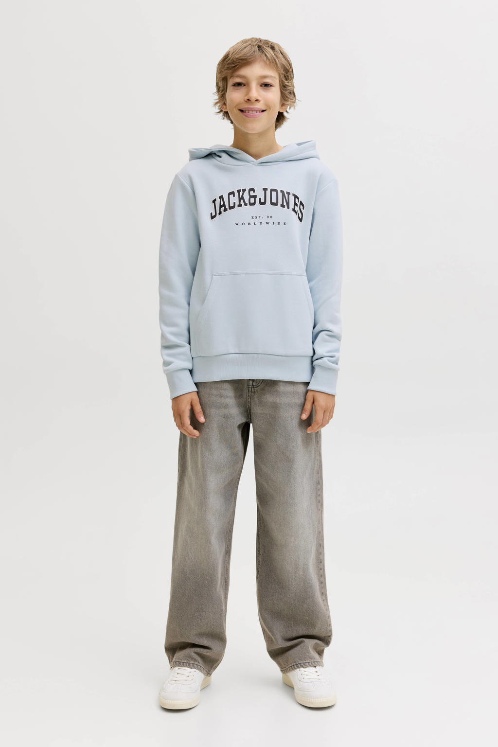 Blauwe jongens JACK & JONES JUNIOR hoodie van katoen met logo dessin, lange mouwen en capuchon