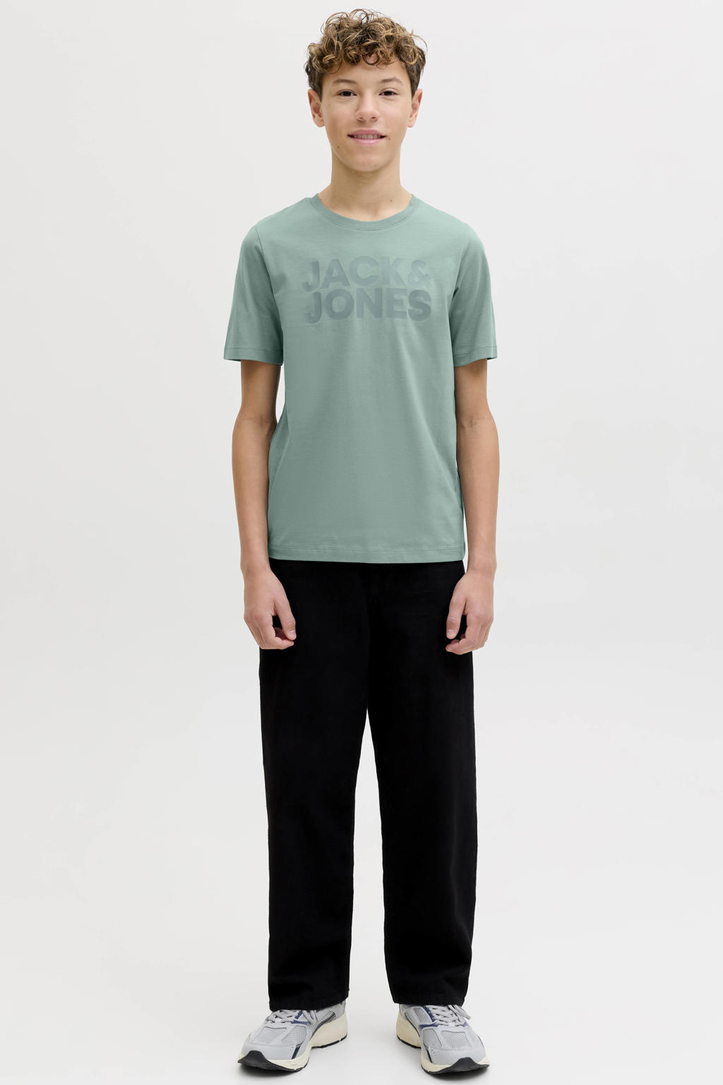 Lichtgroene jongens JACK & JONES JUNIOR T-shirt van katoen met logo dessin, korte mouwen en ronde hals